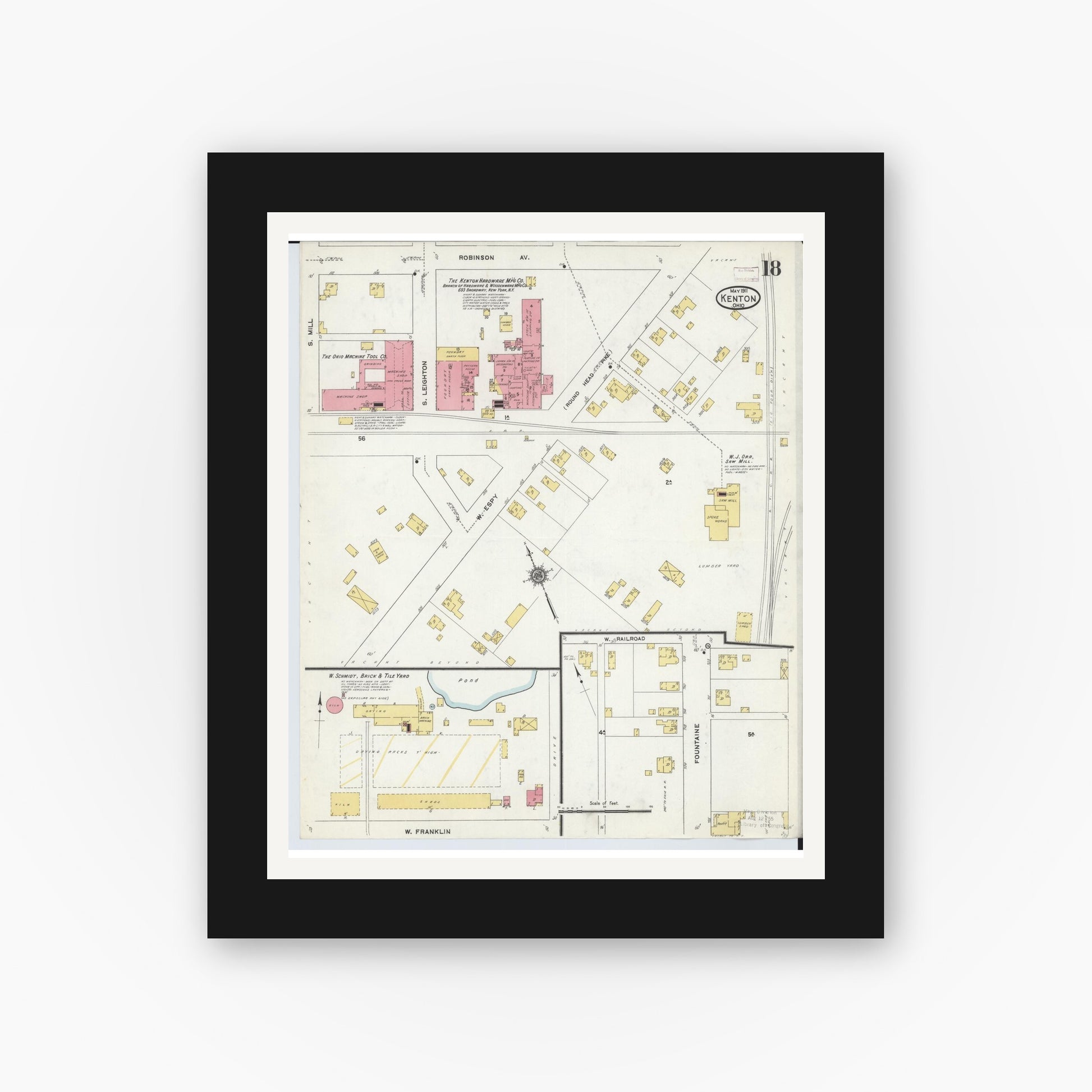 Old map wall art mockup — black gallery frame with white mat — Sanborn Fire Insurance Map from Kenton, Hardin County, Ohio (1911), Sheet #0018
