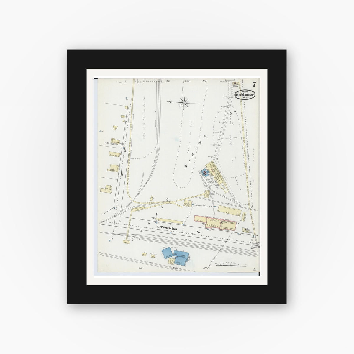 Old map wall art mockup — black gallery frame with white mat — Sanborn Fire Insurance Map from Iron Mountain, Dickinson County, Michigan (1891), Sheet #0007