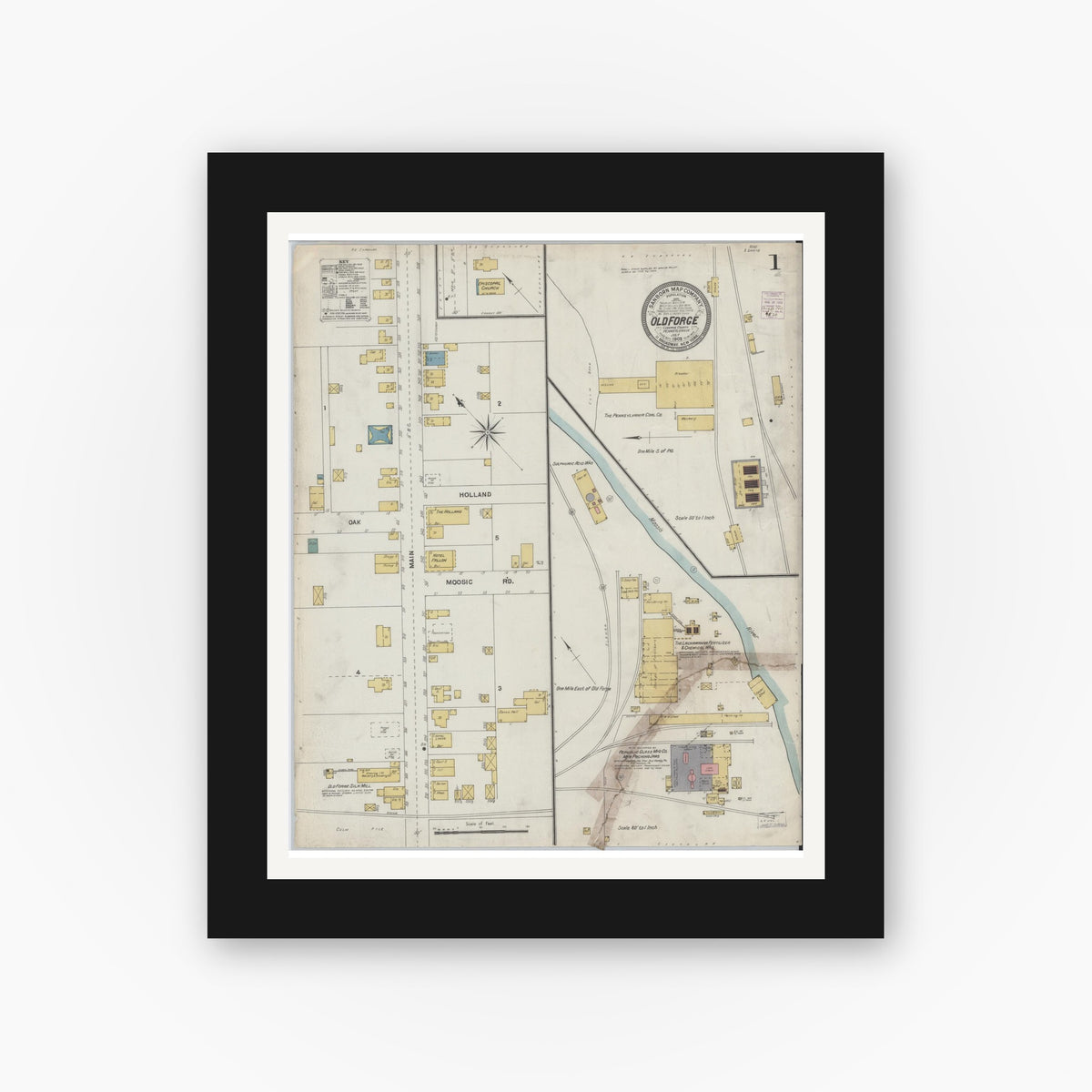 Old map wall art mockup — black gallery frame with white mat — Sanborn Fire Insurance Map from Old Forge, Luzerne County, Pennsylvania (1903), Sheet #0001