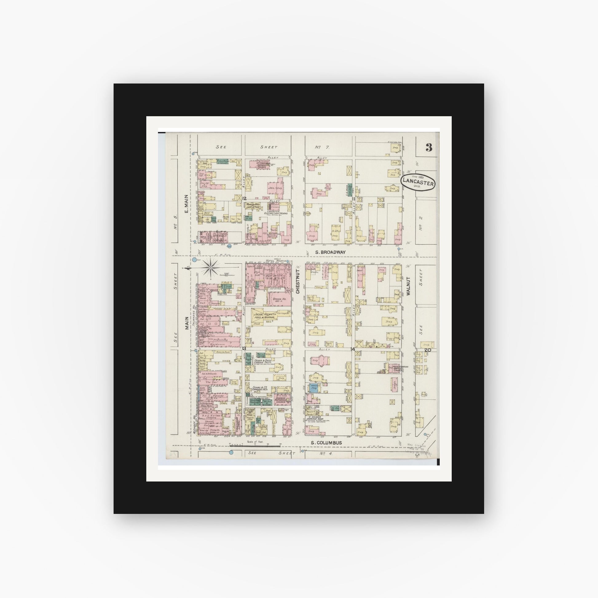 Old map wall art mockup — black gallery frame with white mat — Sanborn Fire Insurance Map from Lancaster, Fairfield County, Ohio (1889), Sheet #0003