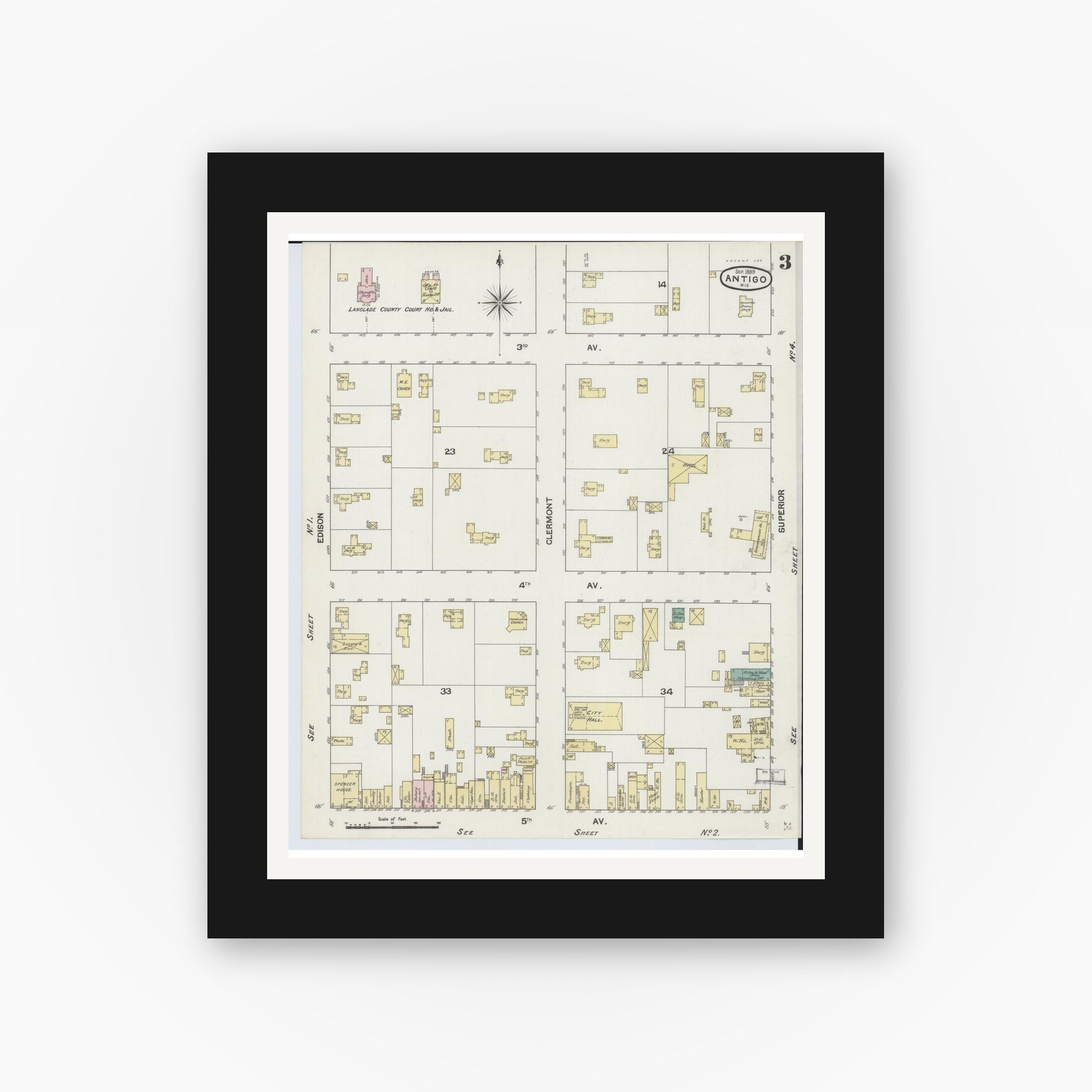 Old map wall art mockup — black gallery frame with white mat — Sanborn Fire Insurance Map from Antigo, Langlade County, Wisconsin (1889), Sheet #0003