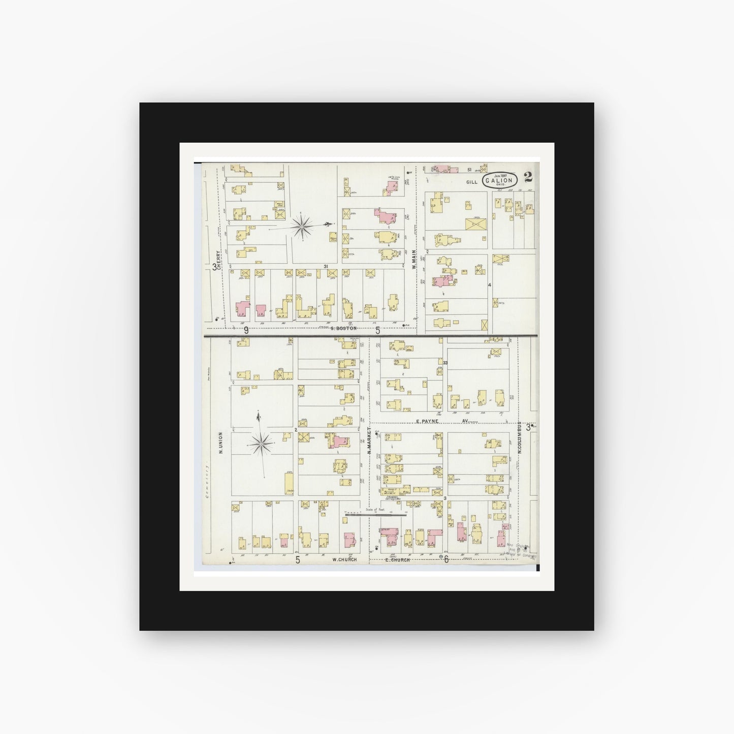 Old map wall art mockup — black gallery frame with white mat — Sanborn Fire Insurance Map from Galion, Crawford County, Ohio (1897), Sheet #0002