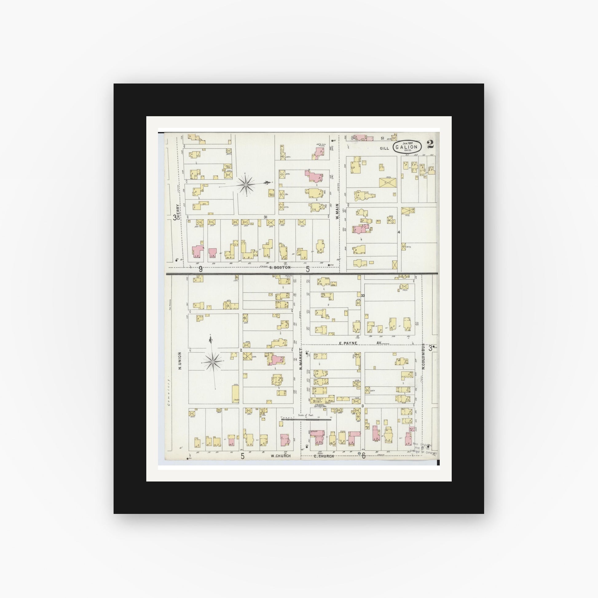 Old map wall art mockup — black gallery frame with white mat — Sanborn Fire Insurance Map from Galion, Crawford County, Ohio (1897), Sheet #0002