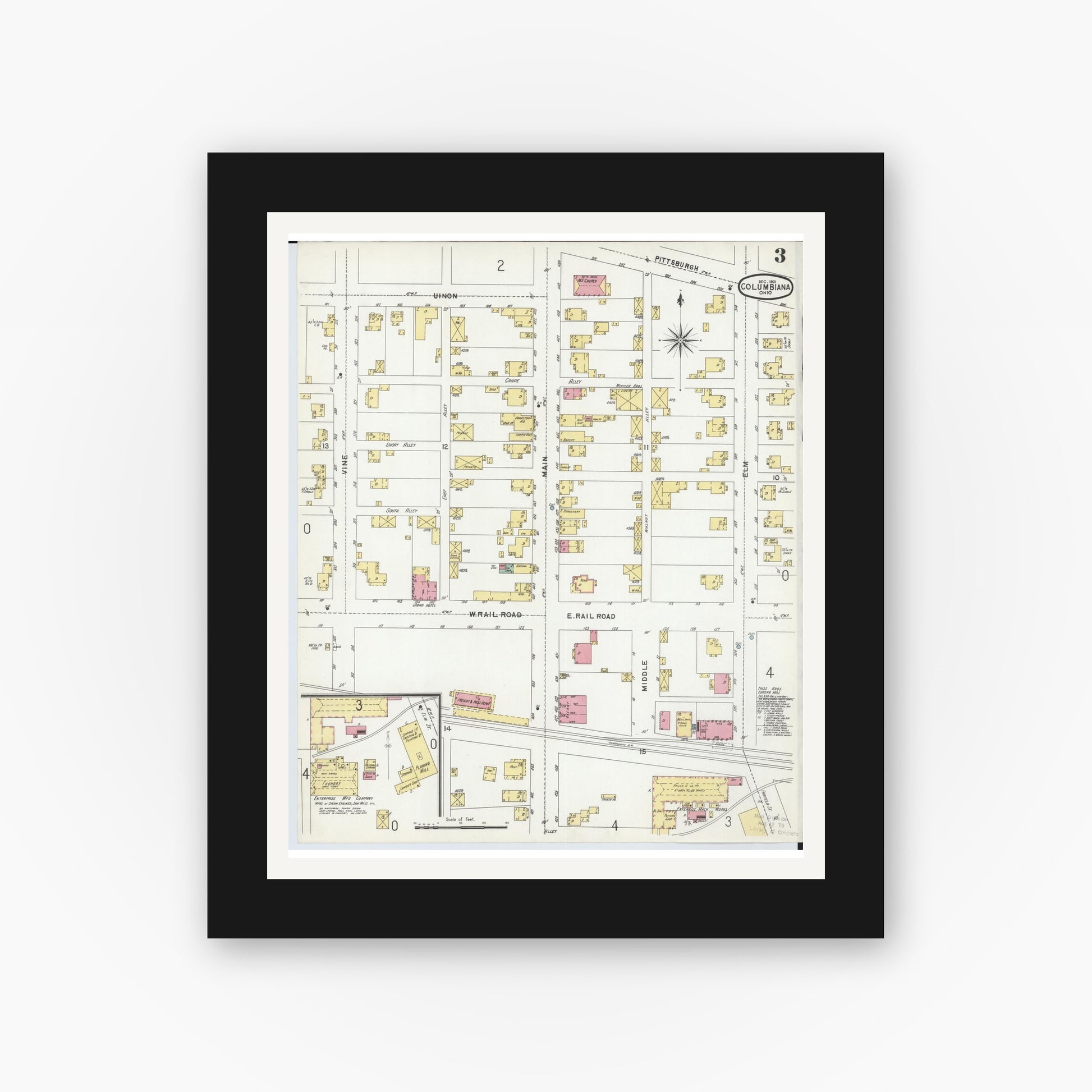 Old map wall art mockup — black gallery frame with white mat — Sanborn Fire Insurance Map from Columbiana, Columbiana County, Ohio (1901), Sheet #0003