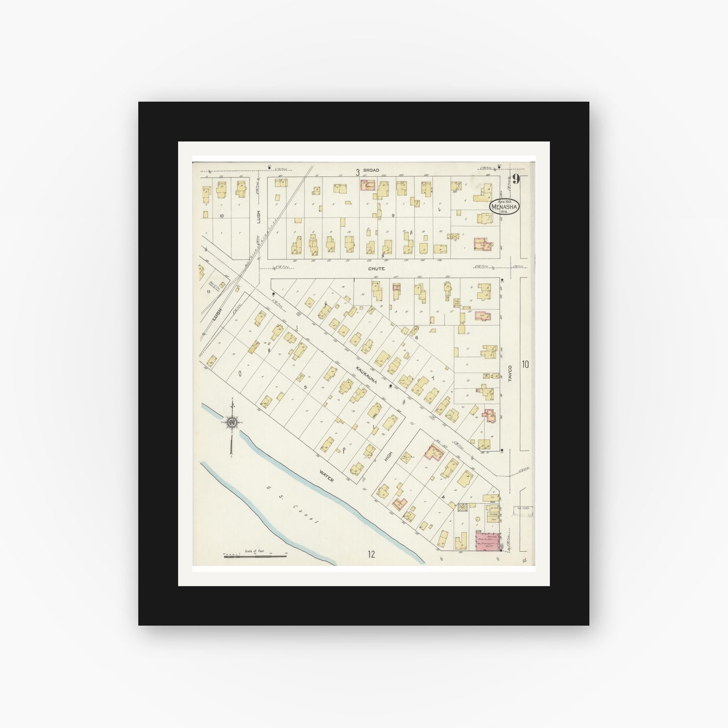 Old map wall art mockup — black gallery frame with white mat — Sanborn Fire Insurance Map from Menasha, Winnebago County, Wisconsin (1913), Sheet #0009