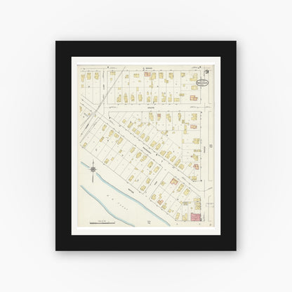 Old map wall art mockup — black gallery frame with white mat — Sanborn Fire Insurance Map from Menasha, Winnebago County, Wisconsin (1913), Sheet #0009