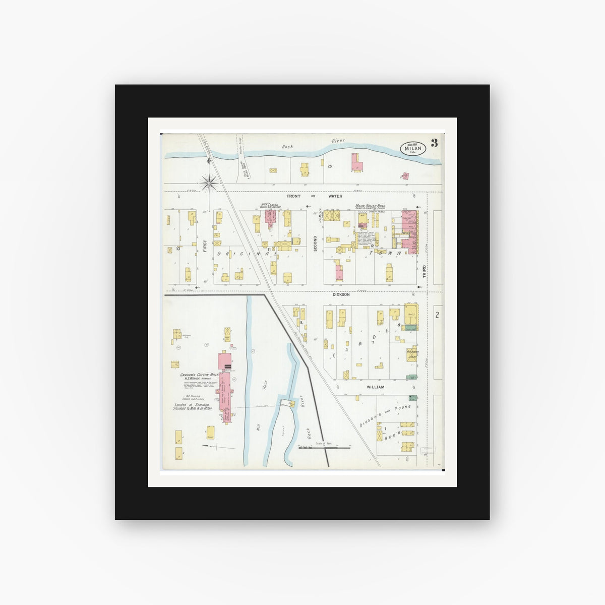 Old map wall art mockup — black gallery frame with white mat — Sanborn Fire Insurance Map from Milan, Rock Island County, Illinois (1901), Sheet #0003