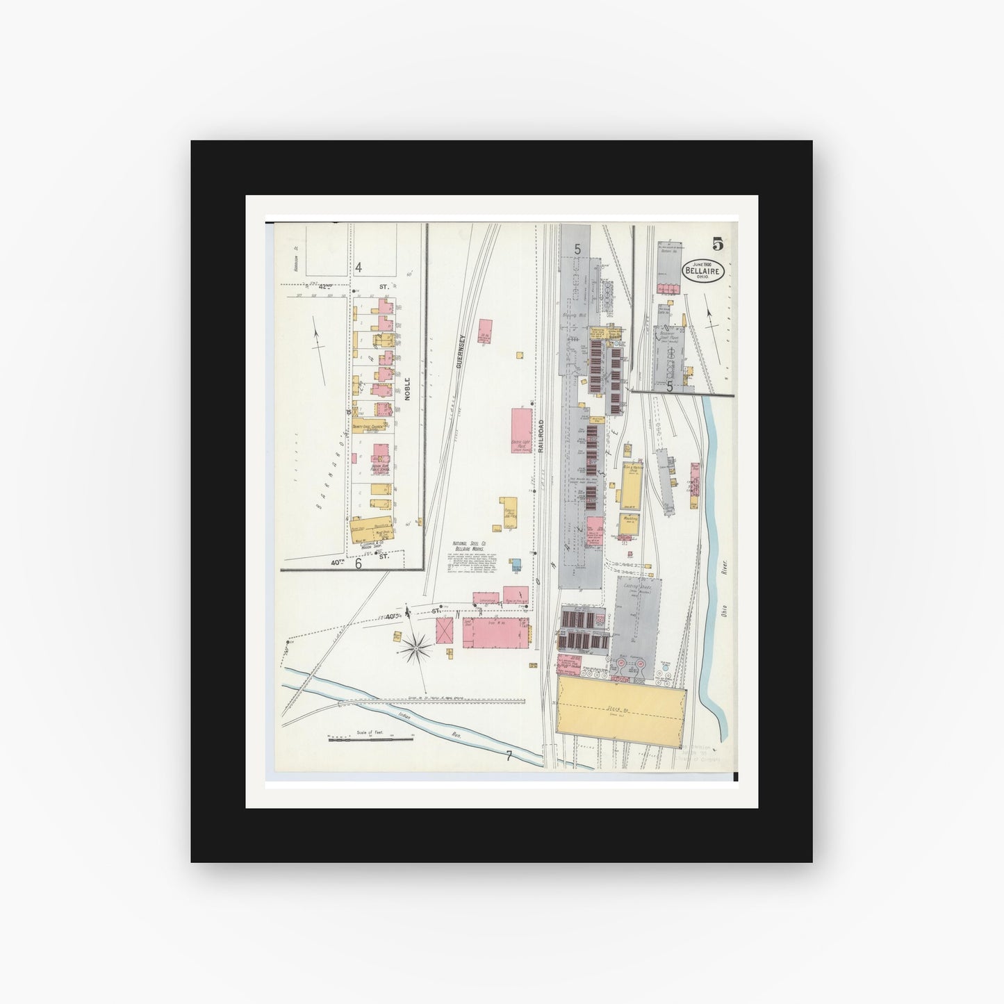 Old map wall art mockup — black gallery frame with white mat — Sanborn Fire Insurance Map from Bellaire, Belmont County, Ohio (1900), Sheet #0005