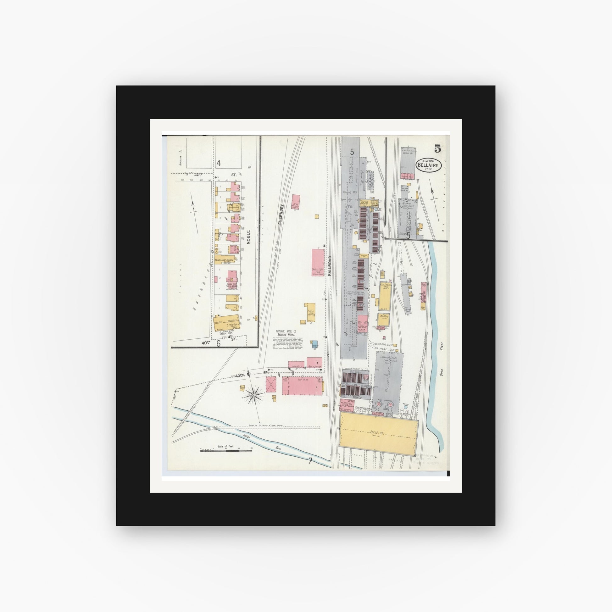 Old map wall art mockup — black gallery frame with white mat — Sanborn Fire Insurance Map from Bellaire, Belmont County, Ohio (1900), Sheet #0005