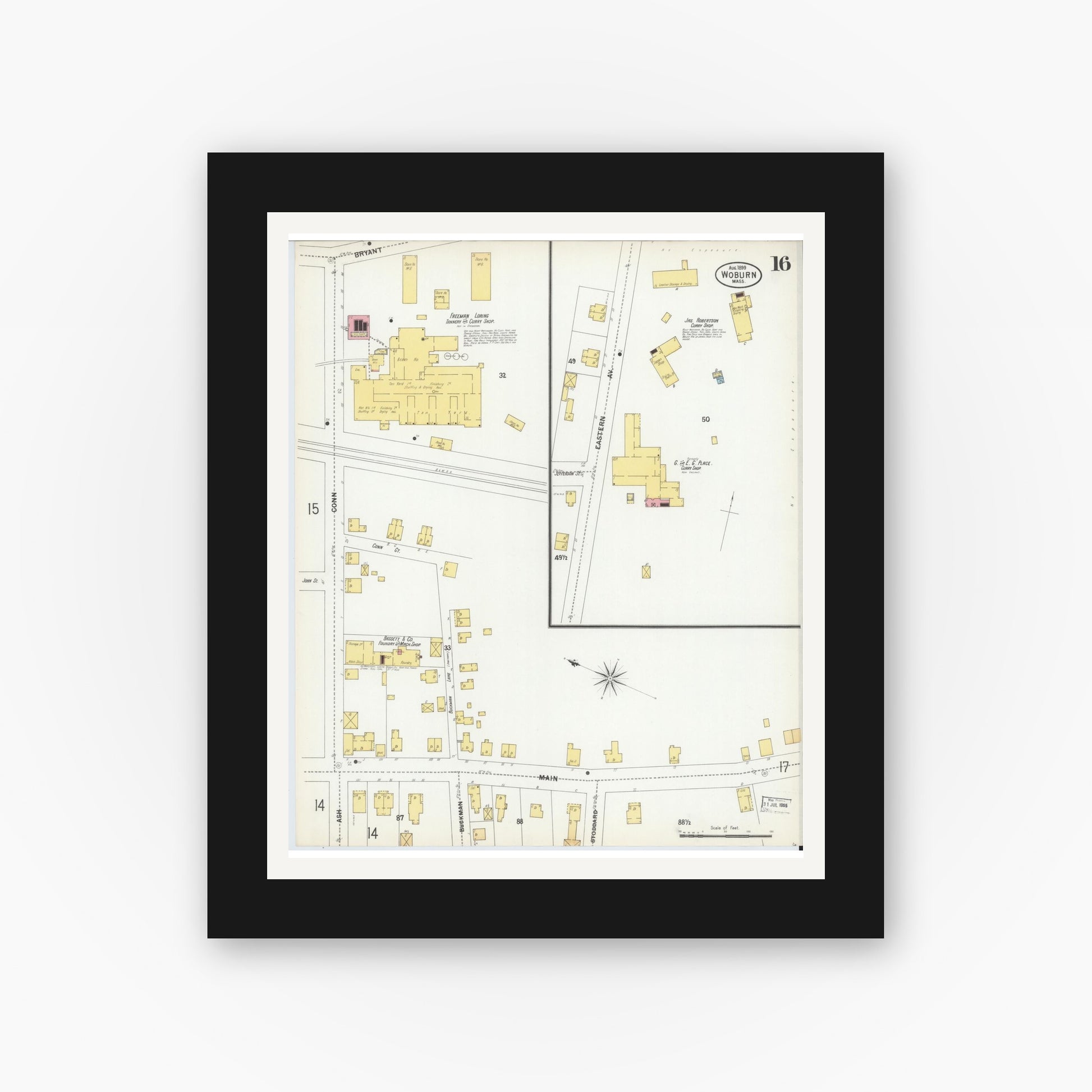 Old map wall art mockup — black gallery frame with white mat — Sanborn Fire Insurance Map from Woburn, Middlesex County, Massachusetts (1899), Sheet #0016