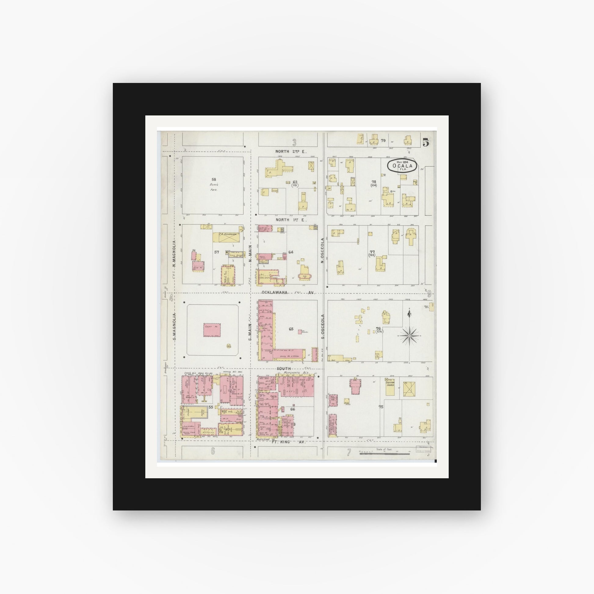 Old map wall art mockup — black gallery frame with white mat — Sanborn Fire Insurance Map from Ocala, Marion County, Florida (1895), Sheet #0005
