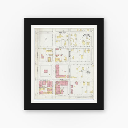 Old map wall art mockup — black gallery frame with white mat — Sanborn Fire Insurance Map from Ocala, Marion County, Florida (1895), Sheet #0005