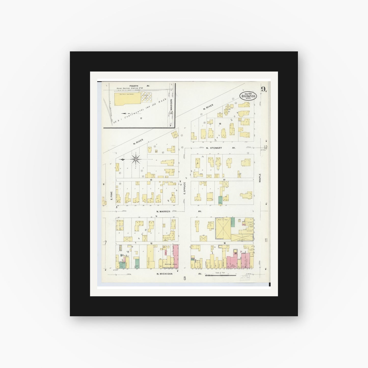 Old map wall art mockup — black gallery frame with white mat — Sanborn Fire Insurance Map from Big Rapids, Mecosta County, Michigan (1908), Sheet #0009