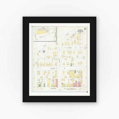 Old map wall art mockup — black gallery frame with white mat — Sanborn Fire Insurance Map from Big Rapids, Mecosta County, Michigan (1908), Sheet #0009