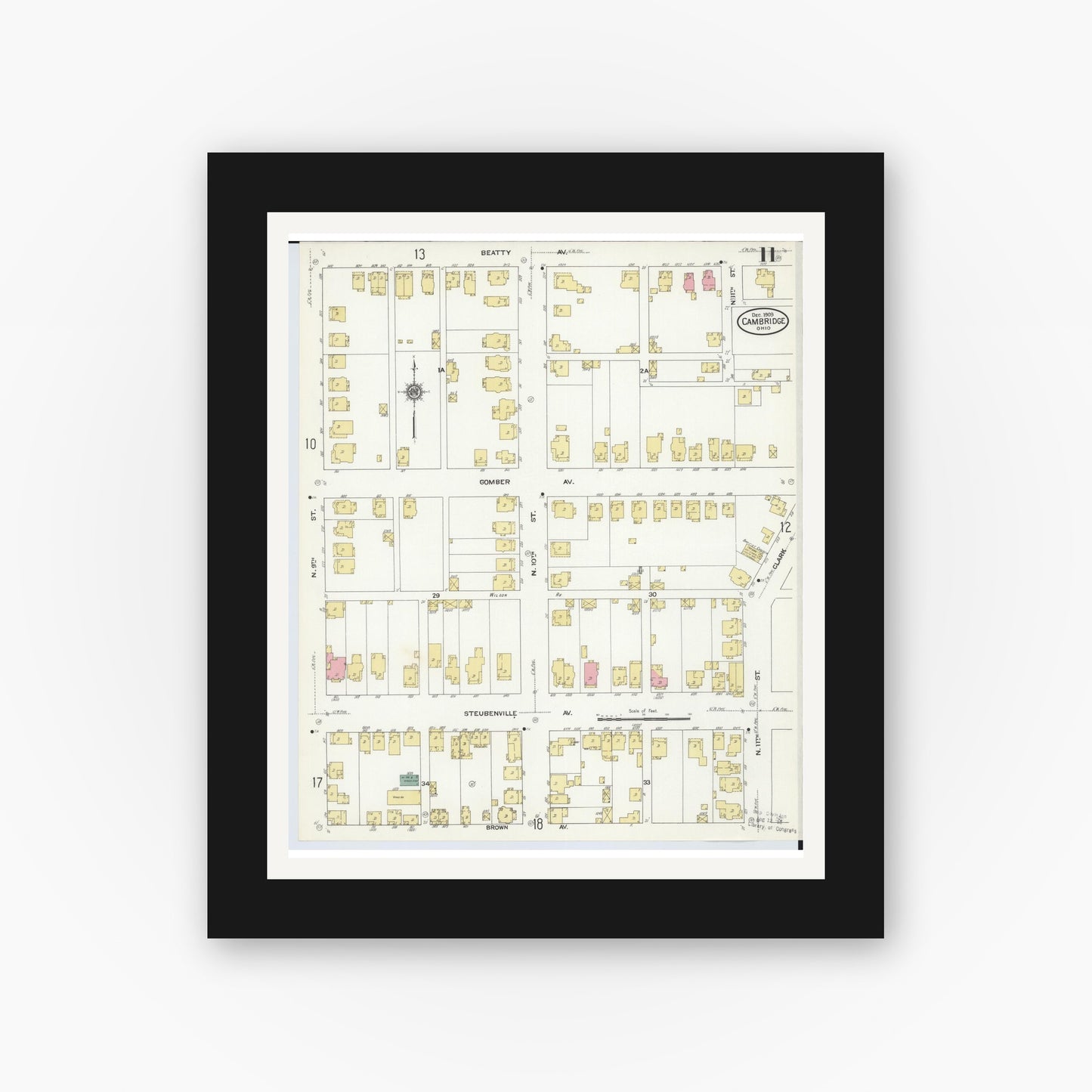 Old map wall art mockup — black gallery frame with white mat — Sanborn Fire Insurance Map from Cambridge, Guernsey County, Ohio (1909), Sheet #0011