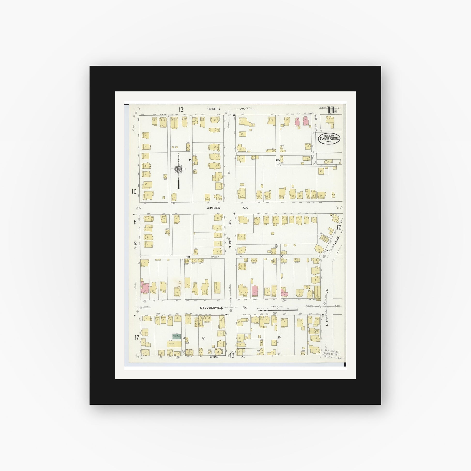 Old map wall art mockup — black gallery frame with white mat — Sanborn Fire Insurance Map from Cambridge, Guernsey County, Ohio (1909), Sheet #0011