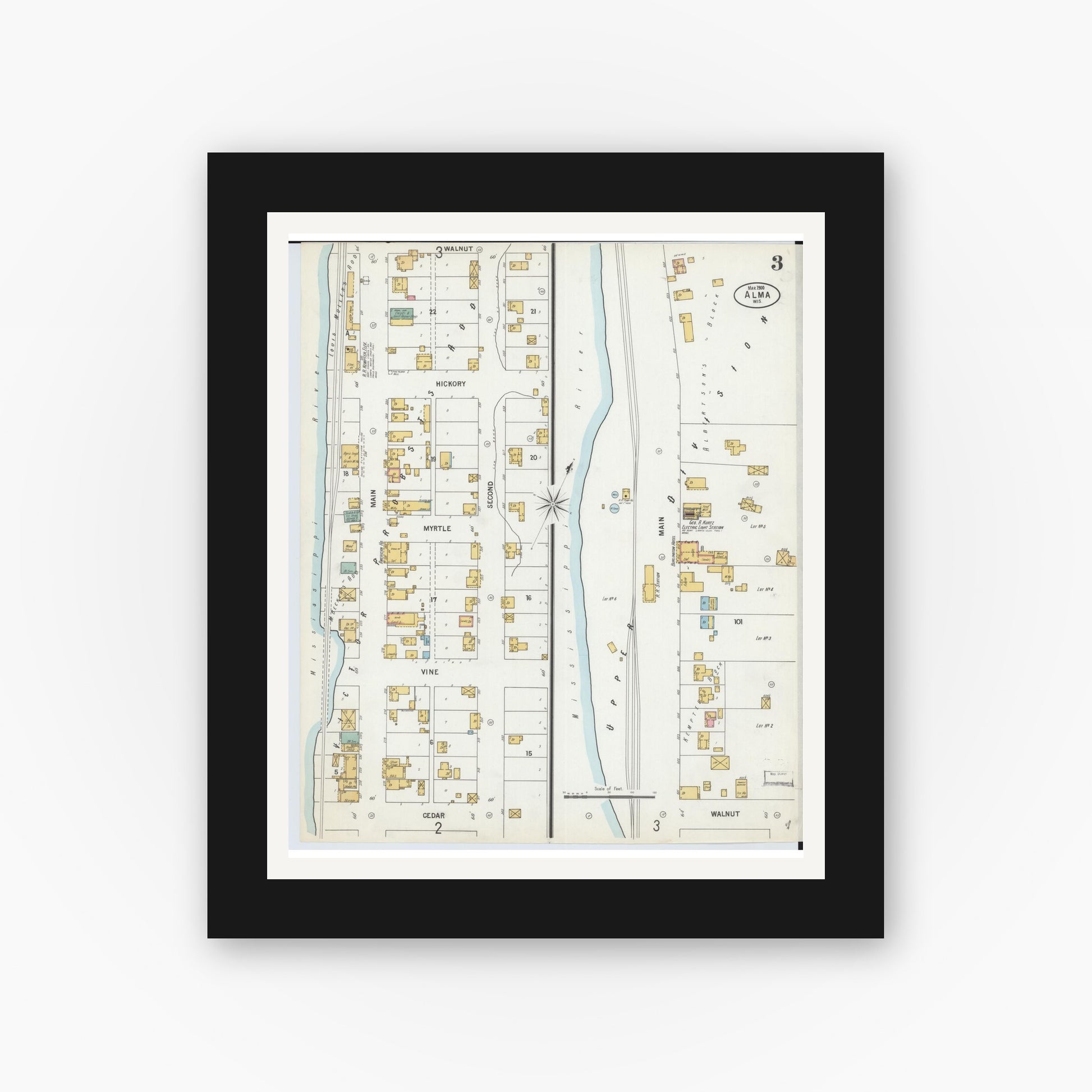 Old map wall art mockup — black gallery frame with white mat — Sanborn Fire Insurance Map from Alma, Buffalo County, Wisconsin (1900), Sheet #0003