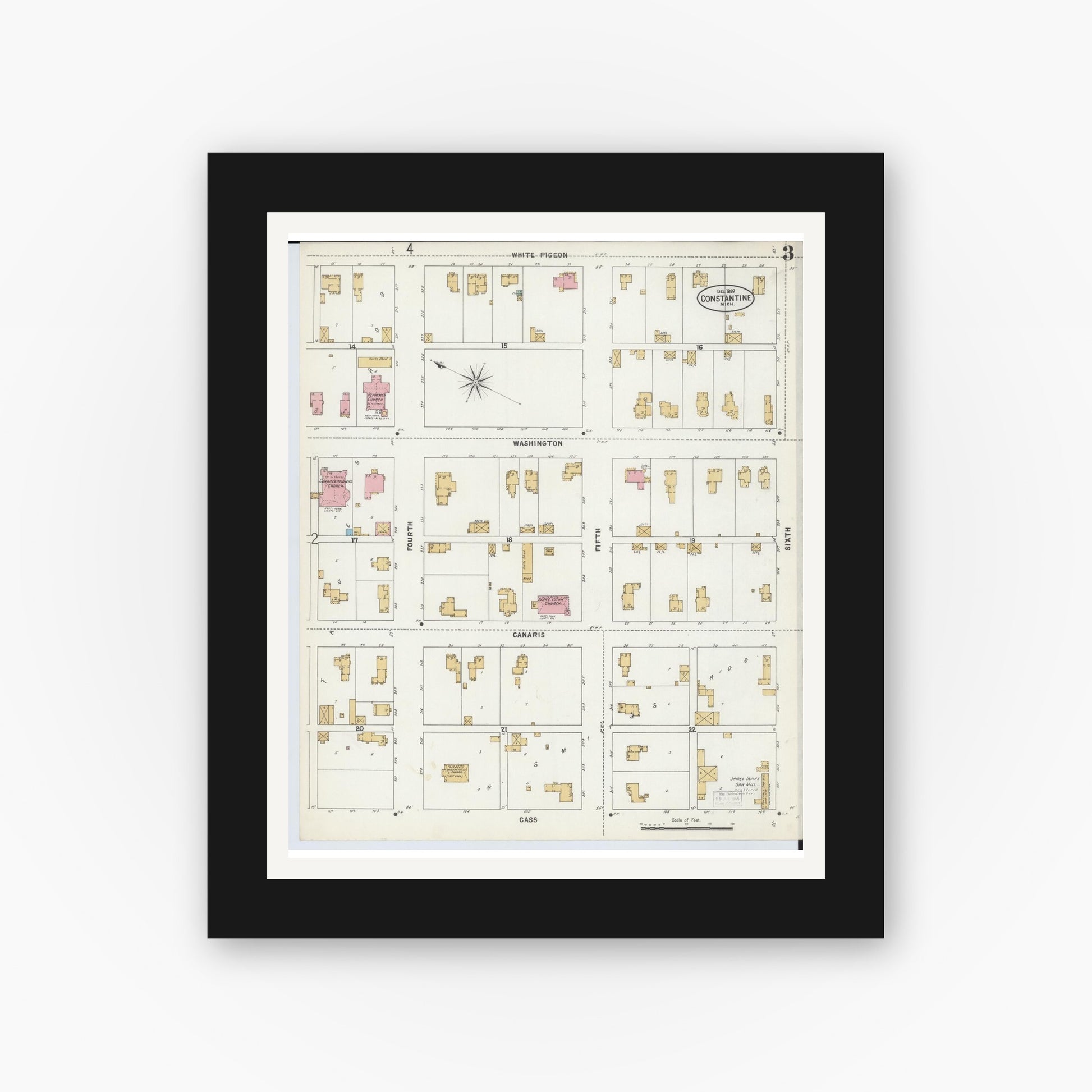 Old map wall art mockup — black gallery frame with white mat — Sanborn Fire Insurance Map from Constantine, Saint Joseph County, Michigan (1897), Sheet #0003