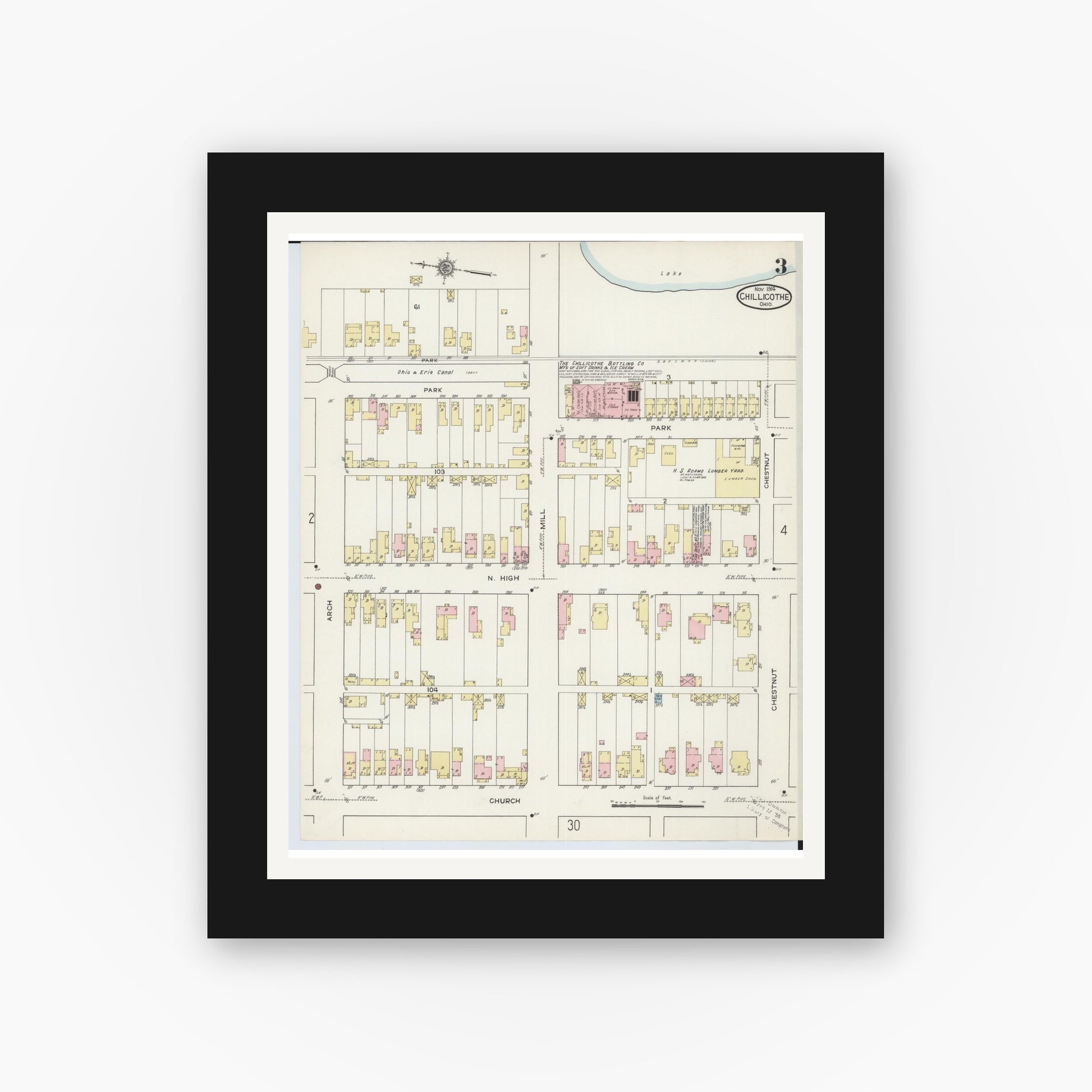 Old map wall art mockup — black gallery frame with white mat — Sanborn Fire Insurance Map from Chillicothe, Ross County, Ohio (1914), Sheet #0003