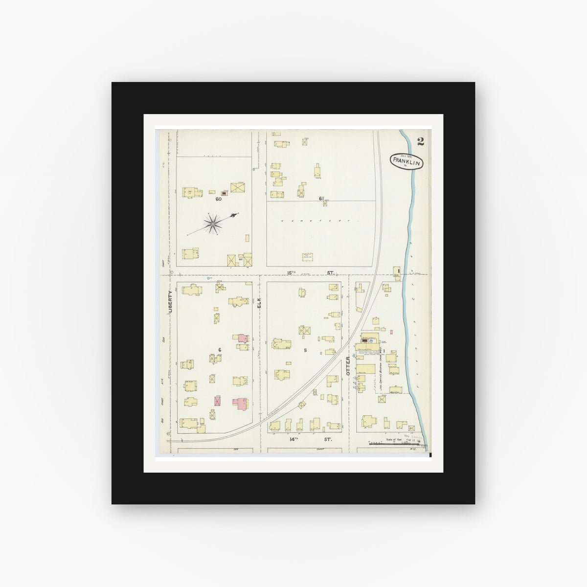 Old map wall art mockup — black gallery frame with white mat — Sanborn Fire Insurance Map from Franklin, Venango County, Pennsylvania (1891), Sheet #0002