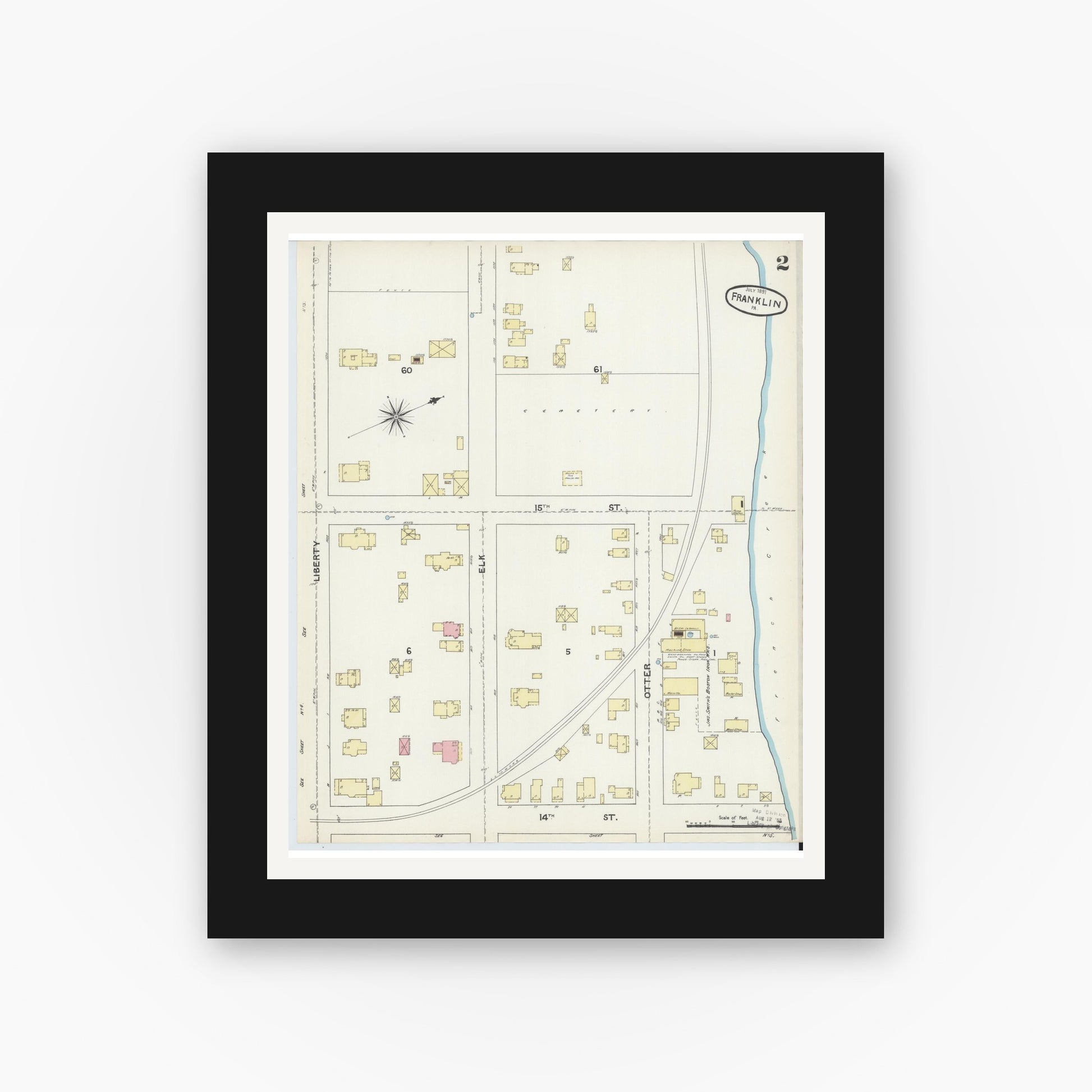 Old map wall art mockup — black gallery frame with white mat — Sanborn Fire Insurance Map from Franklin, Venango County, Pennsylvania (1891), Sheet #0002