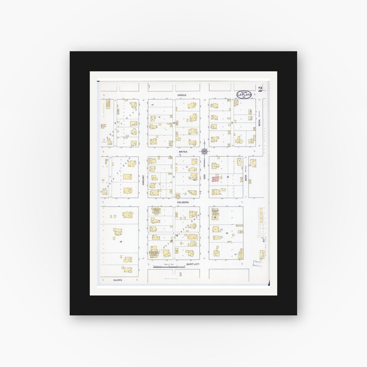 Old map wall art mockup — black gallery frame with white mat — Sanborn Fire Insurance Map from La Plata, Macon County, Missouri (1916), Sheet #0002
