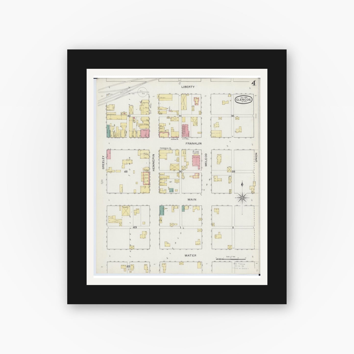 Old map wall art mockup — black gallery frame with white mat — Sanborn Fire Insurance Map from Glencoe, Mcleod County, Minnesota (1893), Sheet #0004