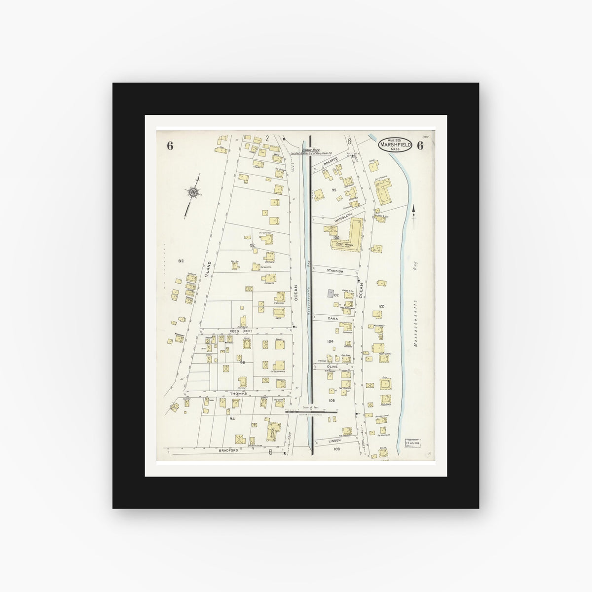 Old map wall art mockup — black gallery frame with white mat — Sanborn Fire Insurance Map from Marshfield, Plymouth County, Massachusetts (1925), Sheet #0006