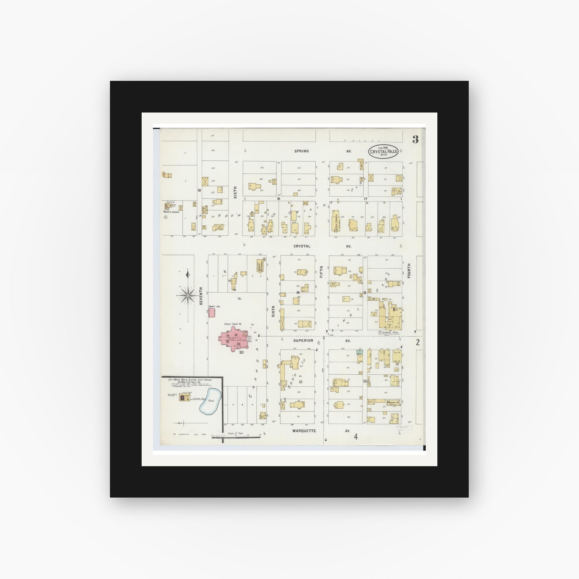 Old map wall art mockup — black gallery frame with white mat — Sanborn Fire Insurance Map from Crystal Falls, Iron County, Michigan (1898), Sheet #0003