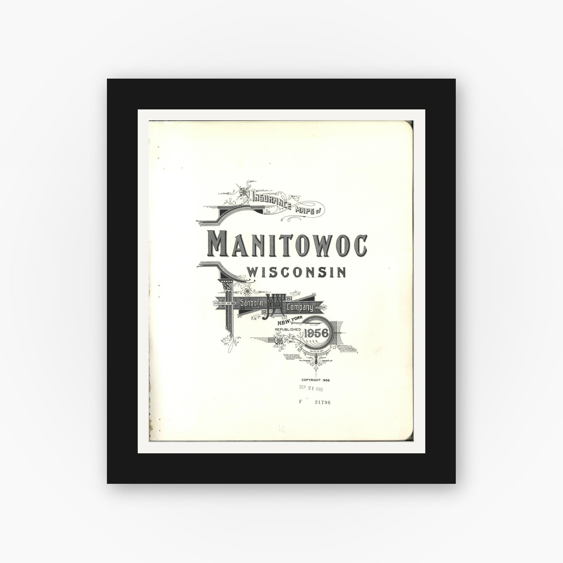Old map wall art mockup — black gallery frame with white mat — Sanborn Fire Insurance Map from Manitowoc, Manitowoc County, Wisconsin (1956), Sheet #0001