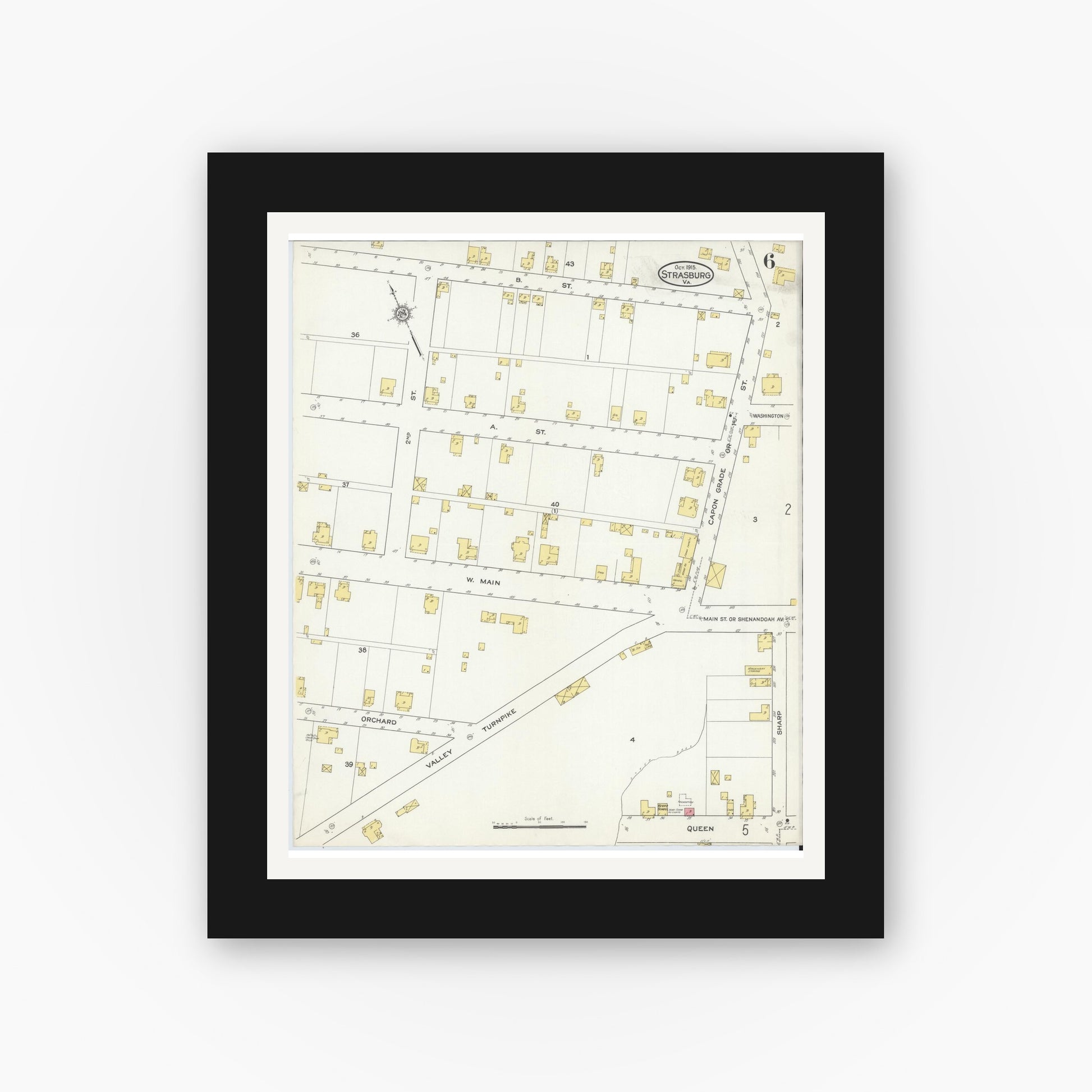 Old map wall art mockup — black gallery frame with white mat — Sanborn Fire Insurance Map from Strasburg, Shenandoah County, Virginia (1915), Sheet #0006