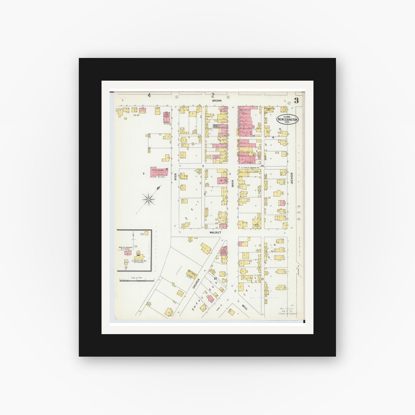 Old map wall art mockup — black gallery frame with white mat — Sanborn Fire Insurance Map from New Lexington, Perry County, Ohio (1900), Sheet #0003