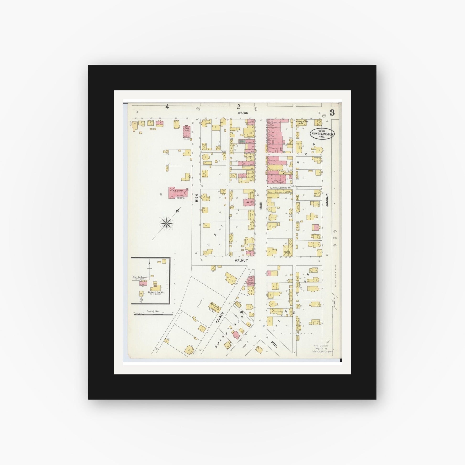 Old map wall art mockup — black gallery frame with white mat — Sanborn Fire Insurance Map from New Lexington, Perry County, Ohio (1900), Sheet #0003