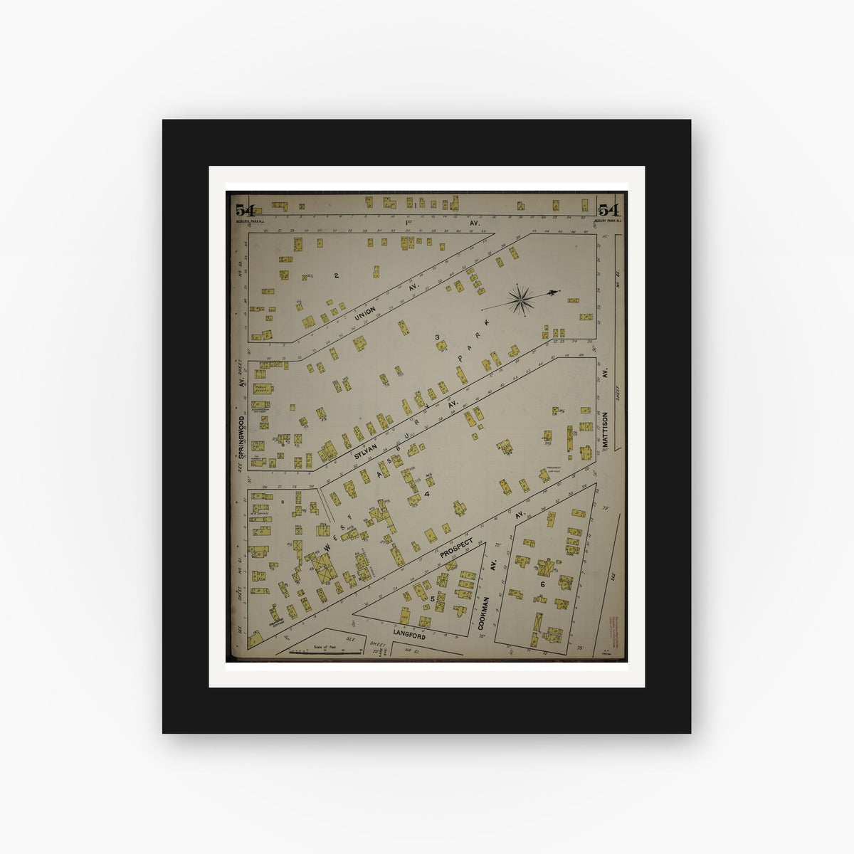 Old map wall art mockup — black gallery frame with white mat — Sanborn Fire Insurance Map from New Jersey Coast, New Jersey Coast, New Jersey (1890), Sheet #0054