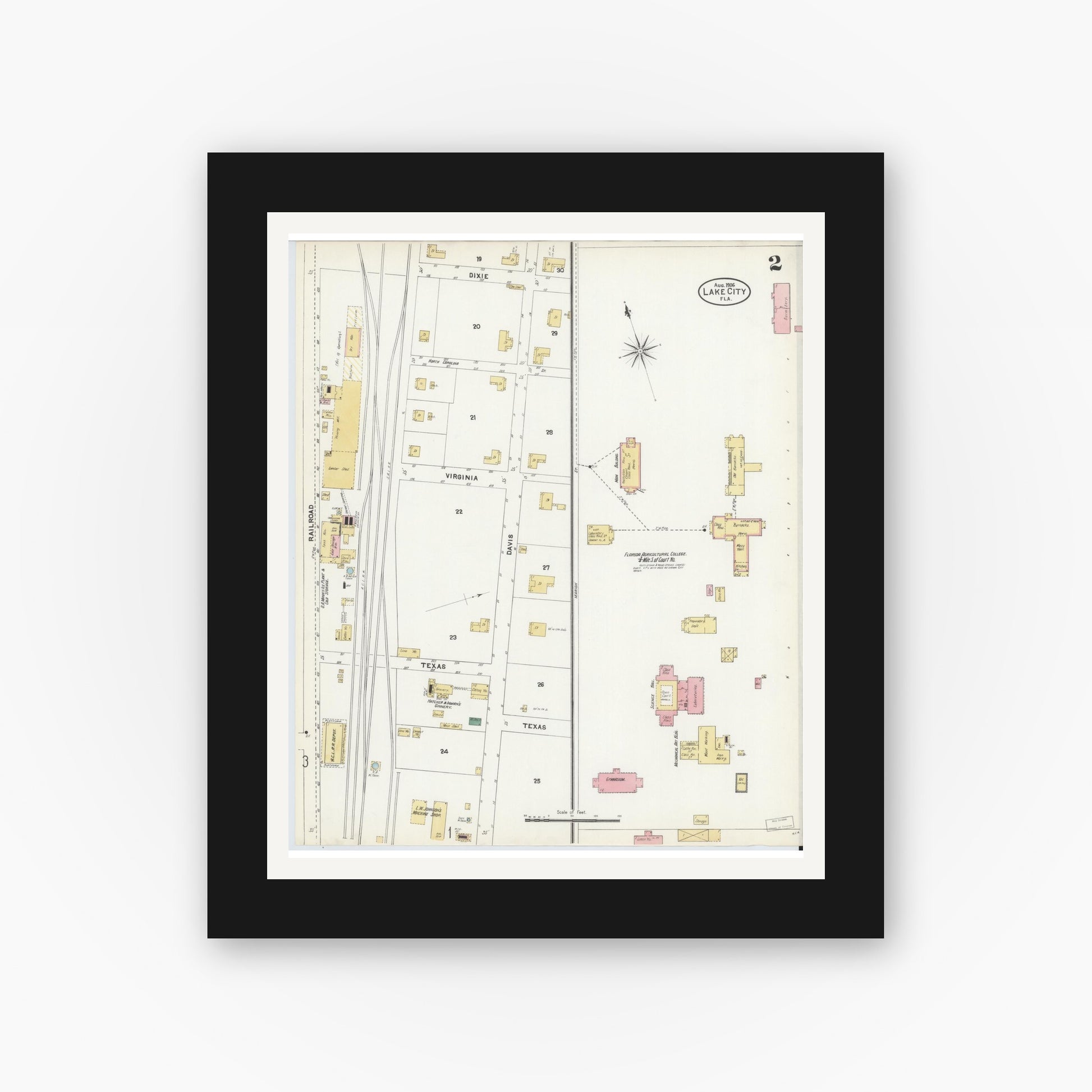 Old map wall art mockup — black gallery frame with white mat — Sanborn Fire Insurance Map from Lake City, Columbia County, Florida (1906), Sheet #0002
