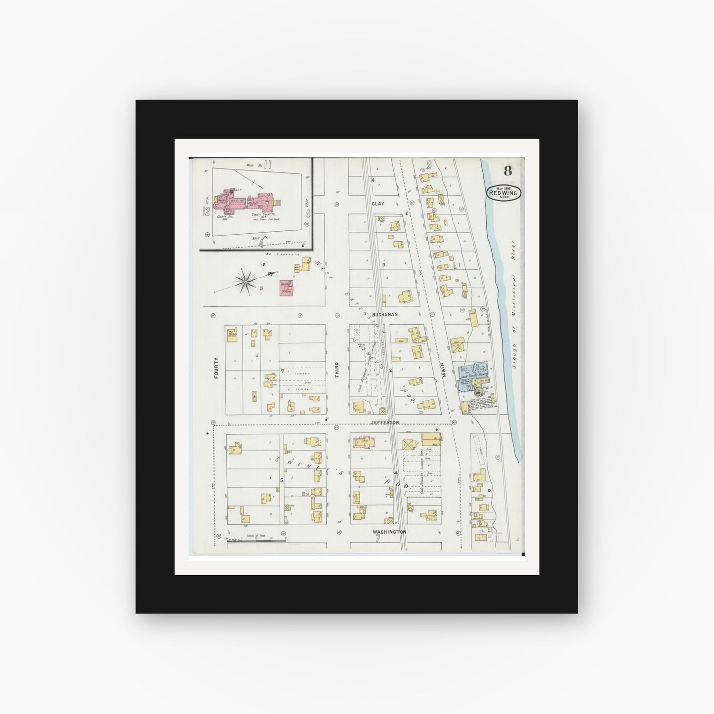 Old map wall art mockup — black gallery frame with white mat — Sanborn Fire Insurance Map from Red Wing, Goodhue County, Minnesota (1895), Sheet #0008