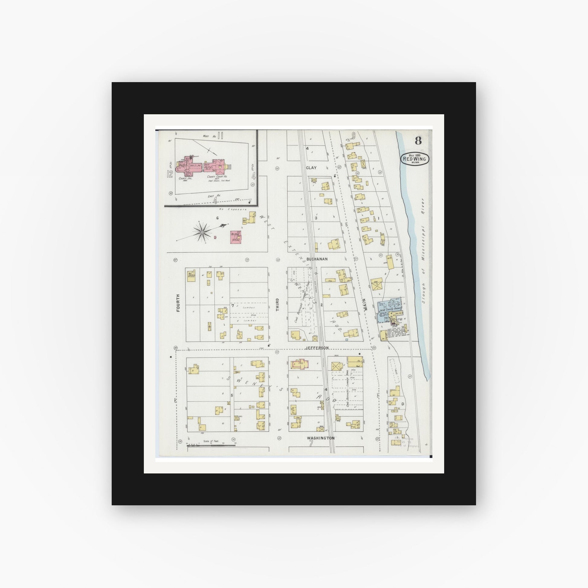 Old map wall art mockup — black gallery frame with white mat — Sanborn Fire Insurance Map from Red Wing, Goodhue County, Minnesota (1895), Sheet #0008