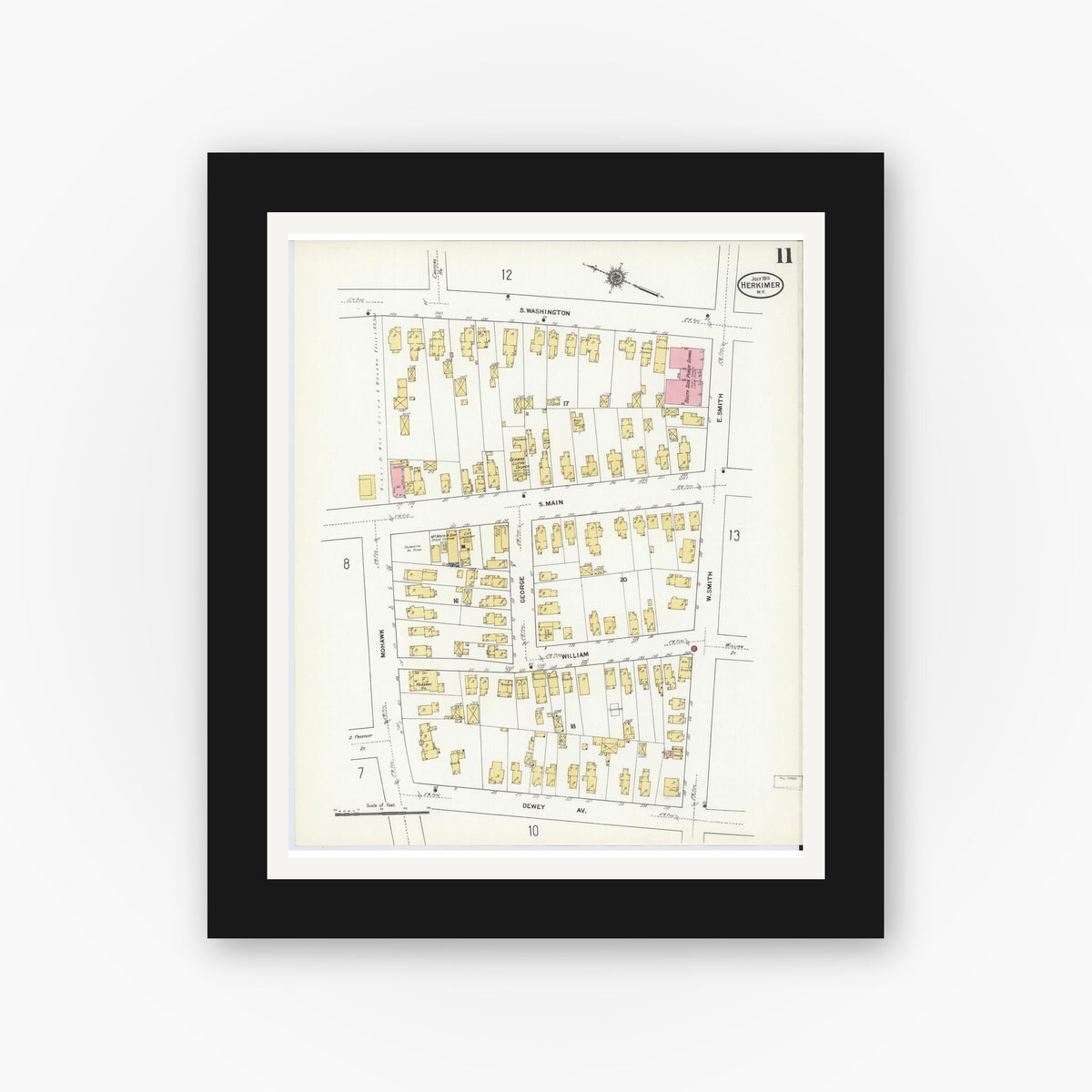 Old map wall art mockup — black gallery frame with white mat — Sanborn Fire Insurance Map from Herkimer, Herkimer County, New York (1911), Sheet #0011