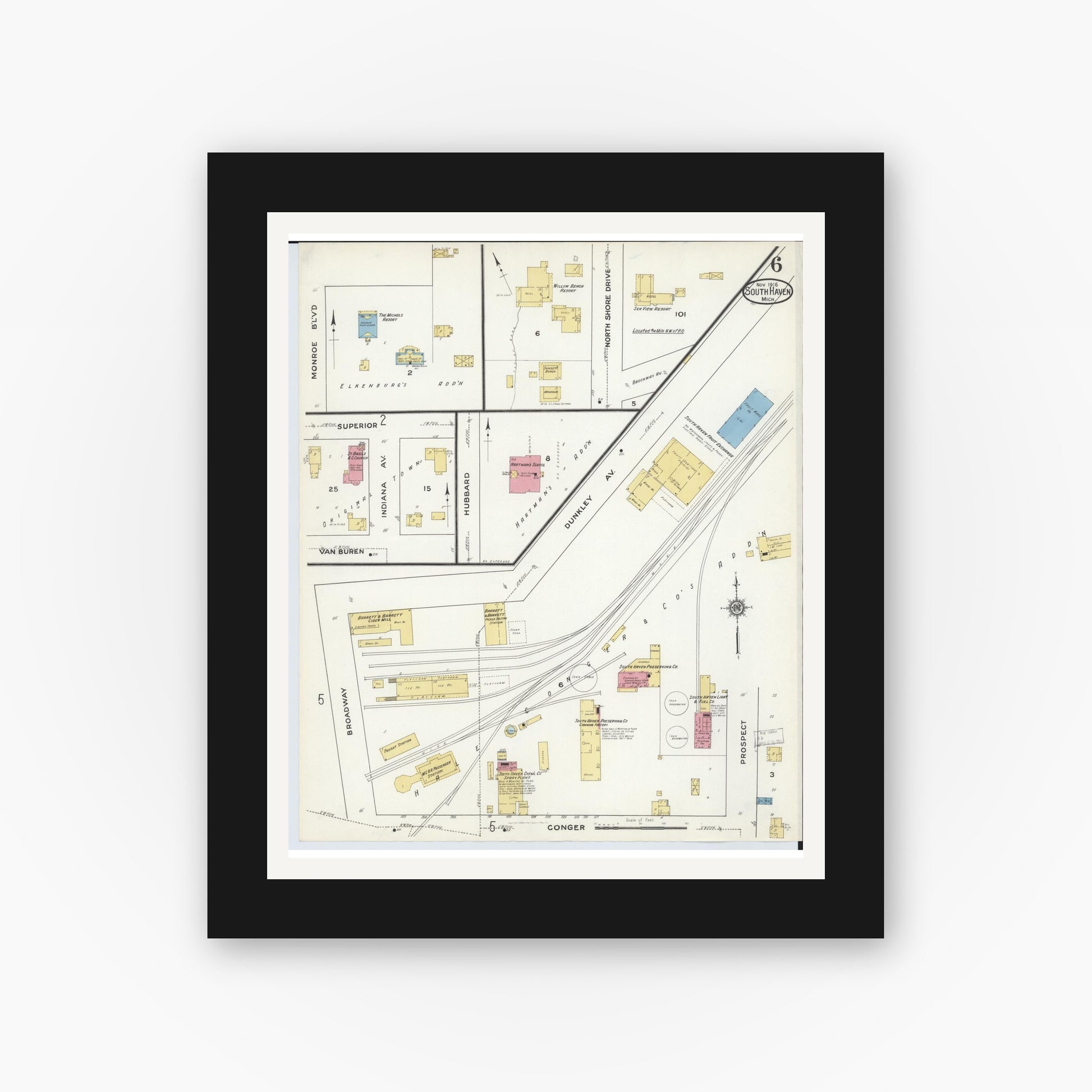Old map wall art mockup — black gallery frame with white mat — Sanborn Fire Insurance Map from South Haven, Van Buren County, Michigan (1916), Sheet #0006