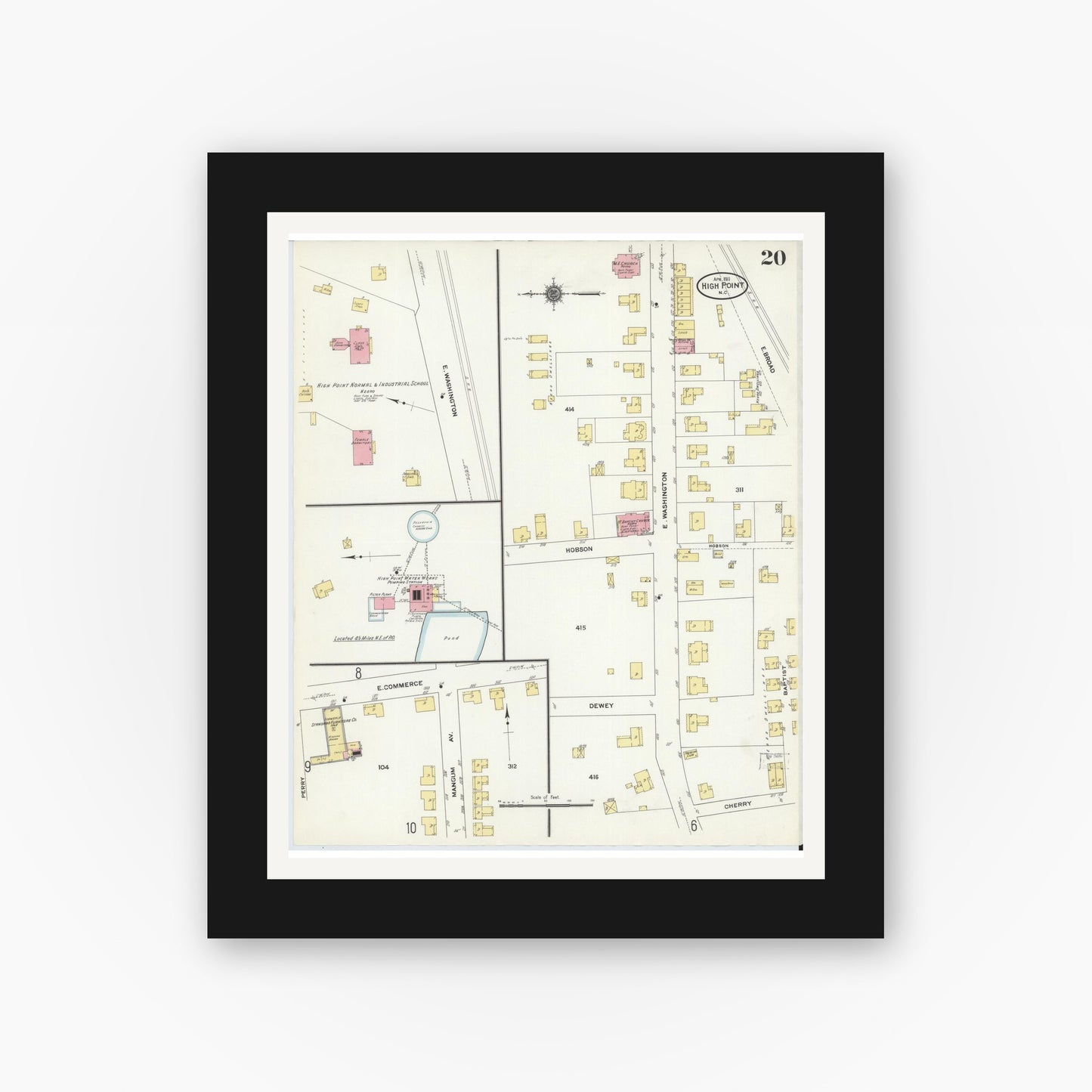 Old map wall art mockup — black gallery frame with white mat — Sanborn Fire Insurance Map from High Point, Guilford County, North Carolina (1911), Sheet #0020