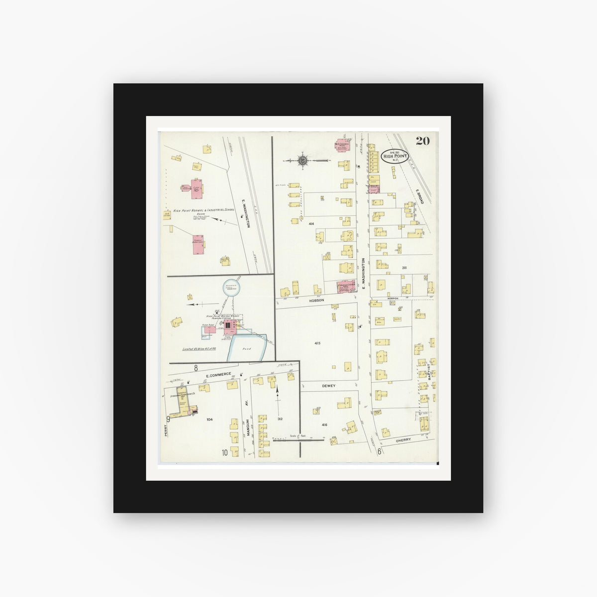 Old map wall art mockup — black gallery frame with white mat — Sanborn Fire Insurance Map from High Point, Guilford County, North Carolina (1911), Sheet #0020