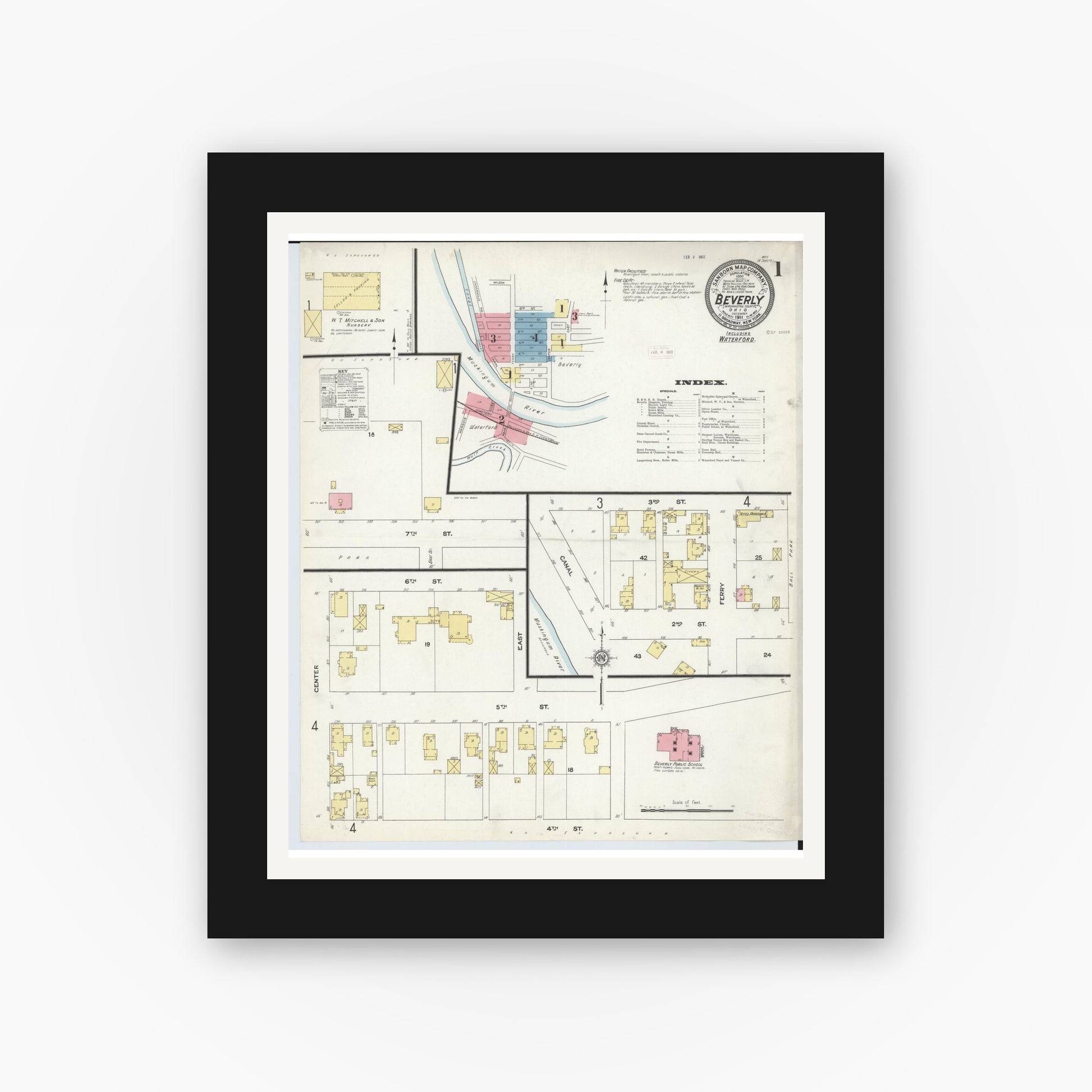 Old map wall art mockup — black gallery frame with white mat — Sanborn Fire Insurance Map from Beverly, Washington County, Ohio (1911), Sheet #0001
