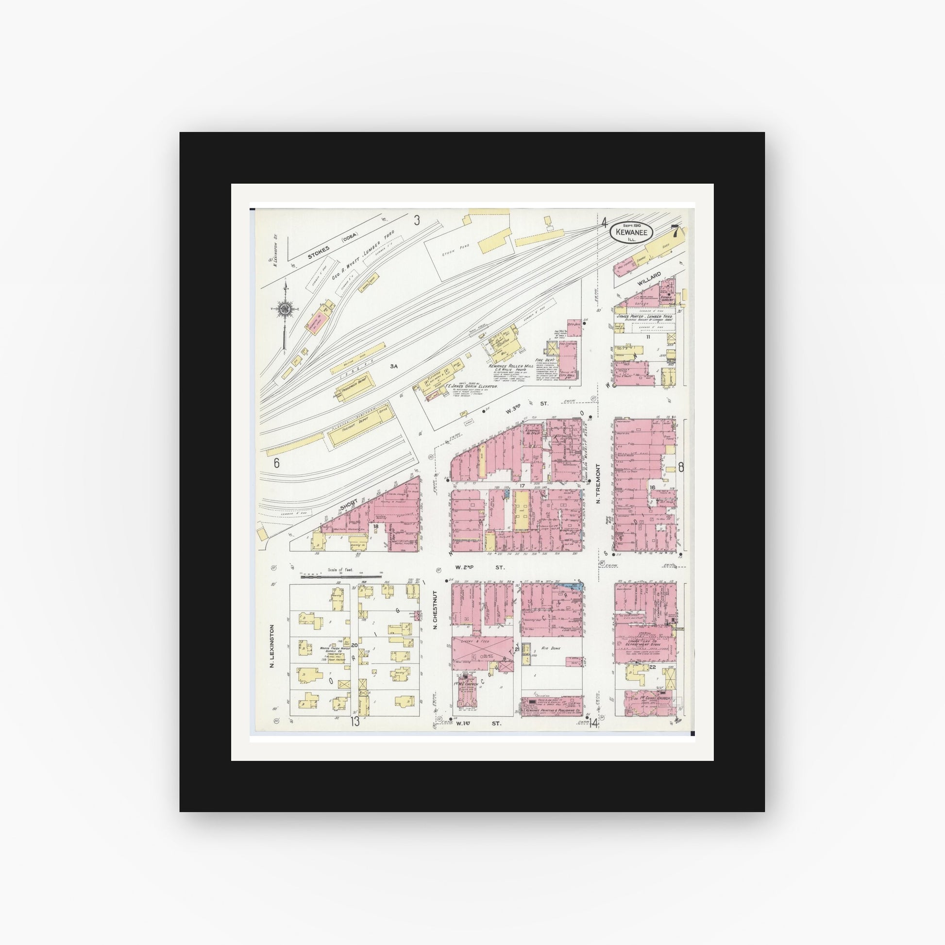Old map wall art mockup — black gallery frame with white mat — Sanborn Fire Insurance Map from Kewanee, Henry County, Illinois (1910), Sheet #0007
