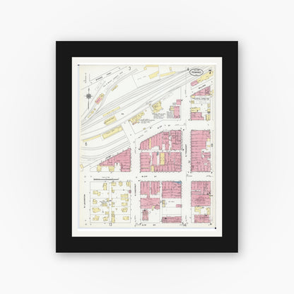 Old map wall art mockup — black gallery frame with white mat — Sanborn Fire Insurance Map from Kewanee, Henry County, Illinois (1910), Sheet #0007