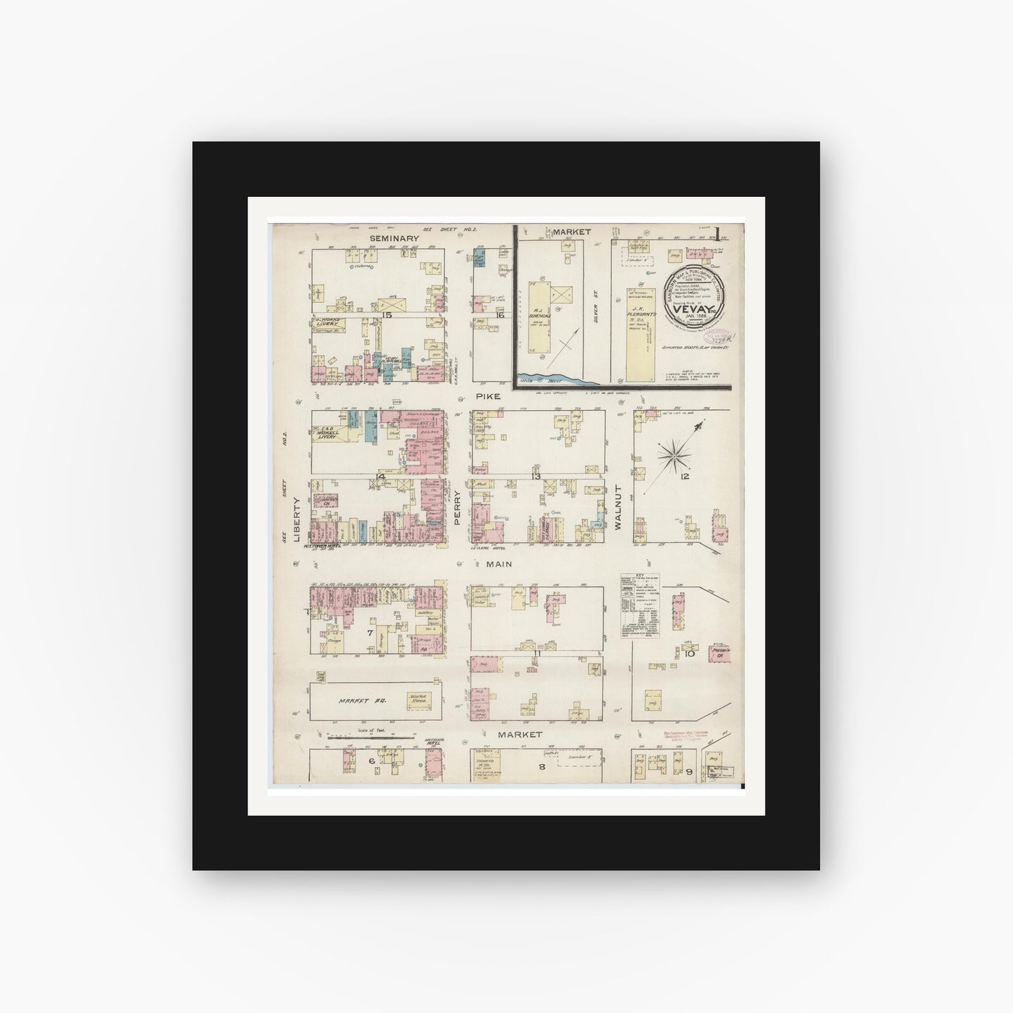Old map wall art mockup — black gallery frame with white mat — Sanborn Fire Insurance Map from Vevay, Switzerland County, Indiana (1886), Sheet #0001