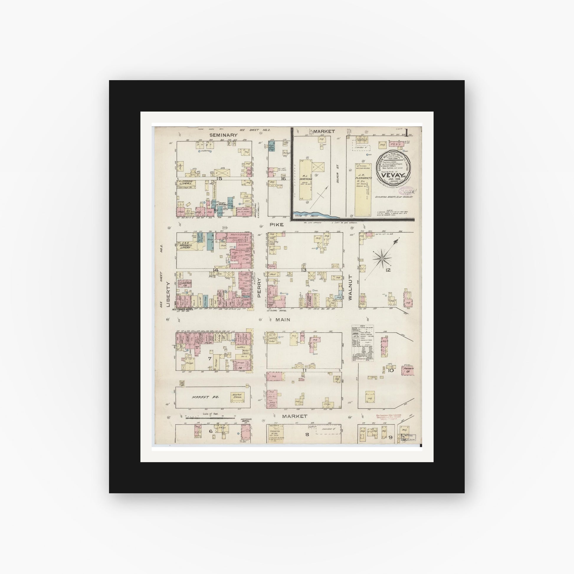 Old map wall art mockup — black gallery frame with white mat — Sanborn Fire Insurance Map from Vevay, Switzerland County, Indiana (1886), Sheet #0001