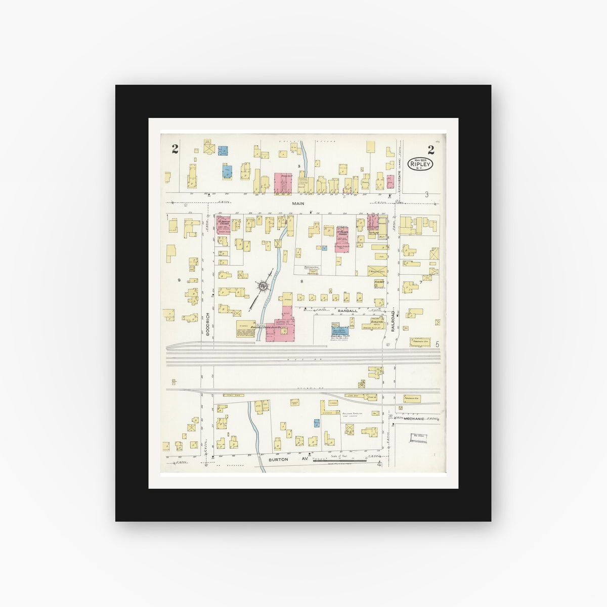 Old map wall art mockup — black gallery frame with white mat — Sanborn Fire Insurance Map from Ripley, Chautauqua County, New York (1924), Sheet #0002