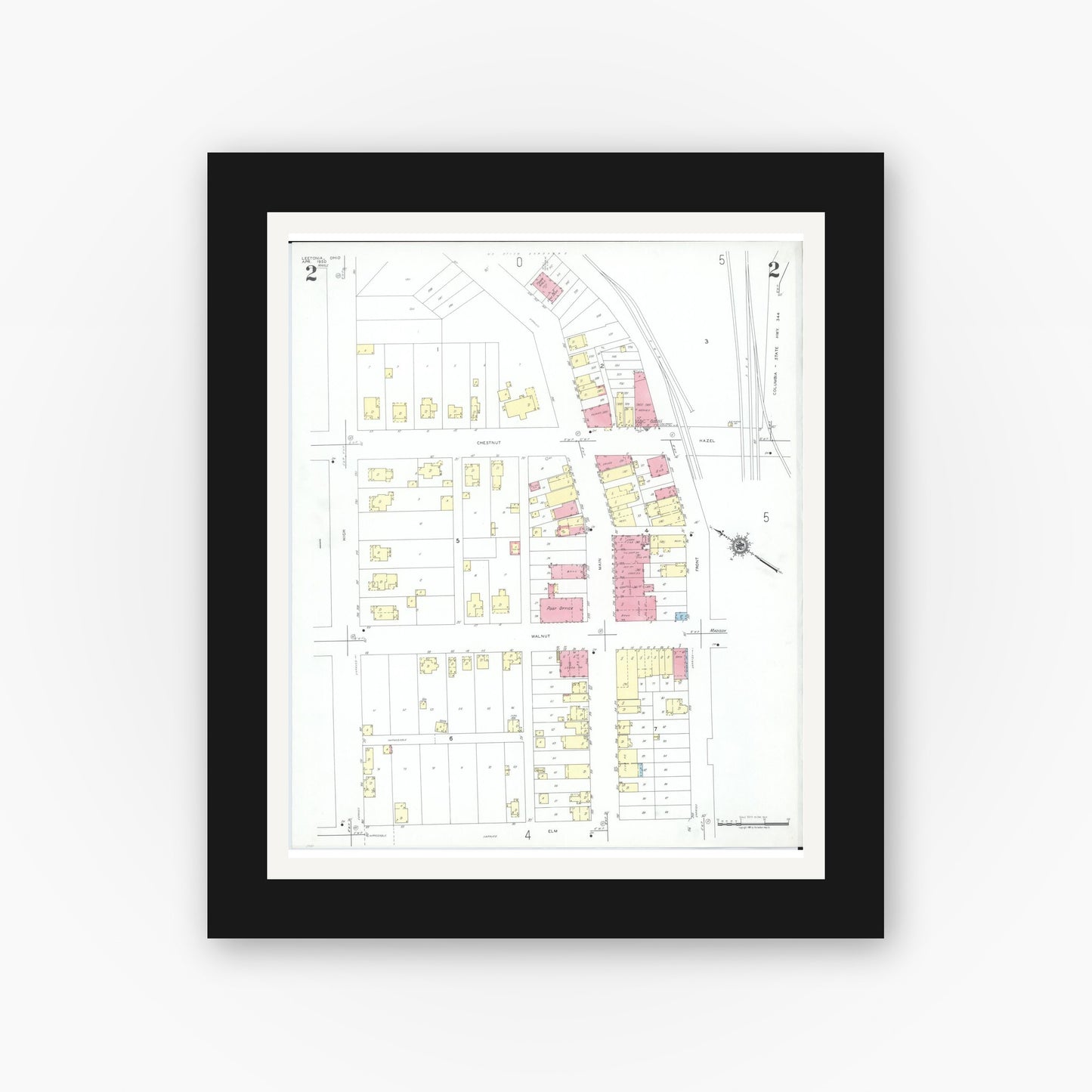 Old map wall art mockup — black gallery frame with white mat — Sanborn Fire Insurance Map from Leetonia, Columbiana County, Ohio (1950), Sheet #0002