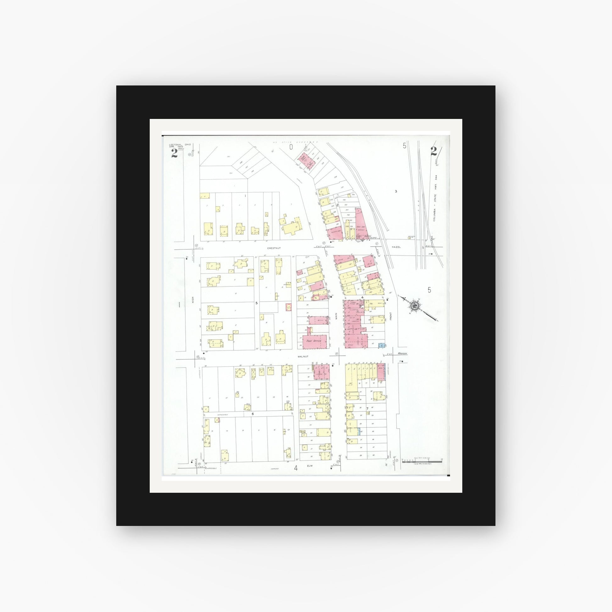 Old map wall art mockup — black gallery frame with white mat — Sanborn Fire Insurance Map from Leetonia, Columbiana County, Ohio (1950), Sheet #0002