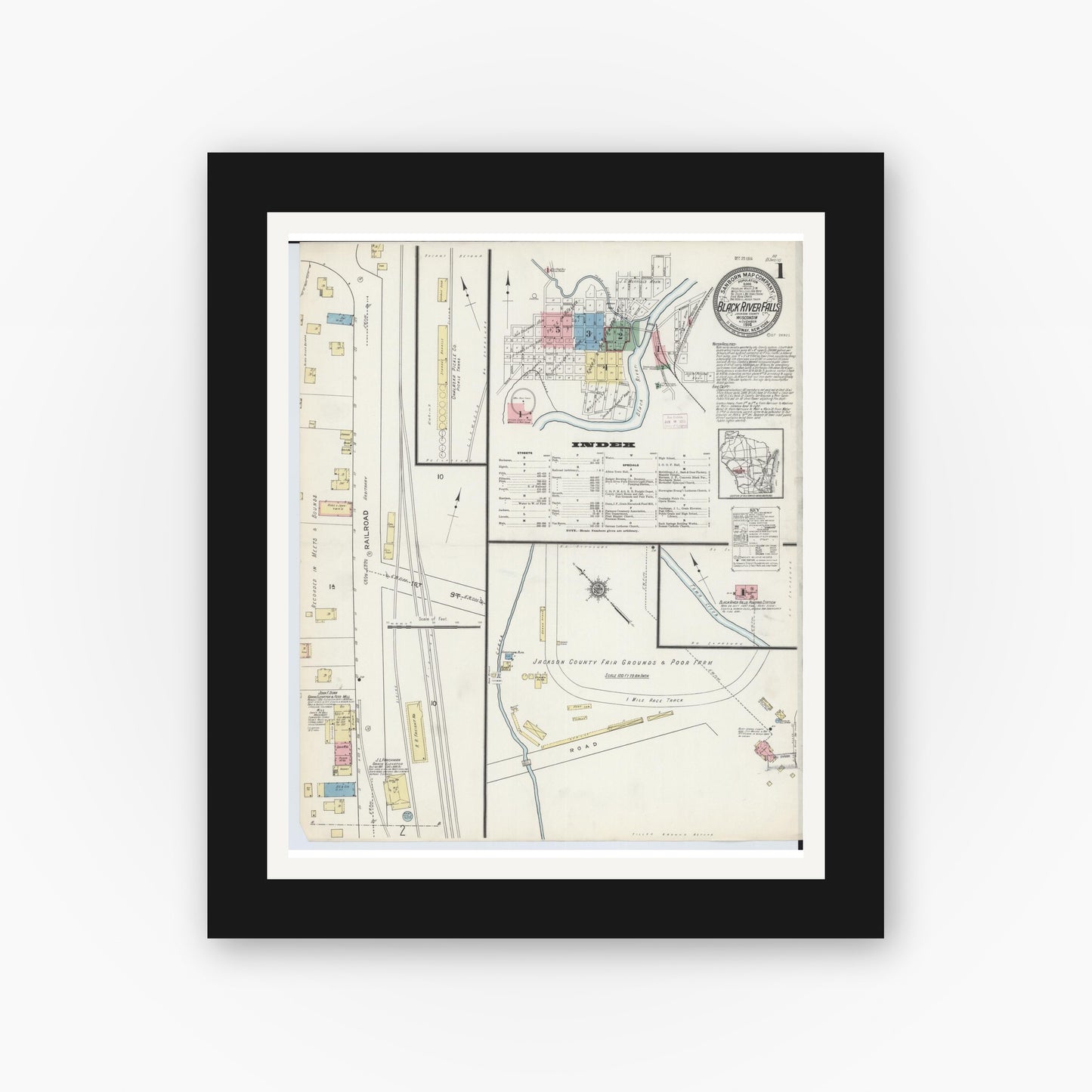 Old map wall art mockup — black gallery frame with white mat — Sanborn Fire Insurance Map from Black River Falls, Jackson County, Wisconsin (1914), Sheet #0001
